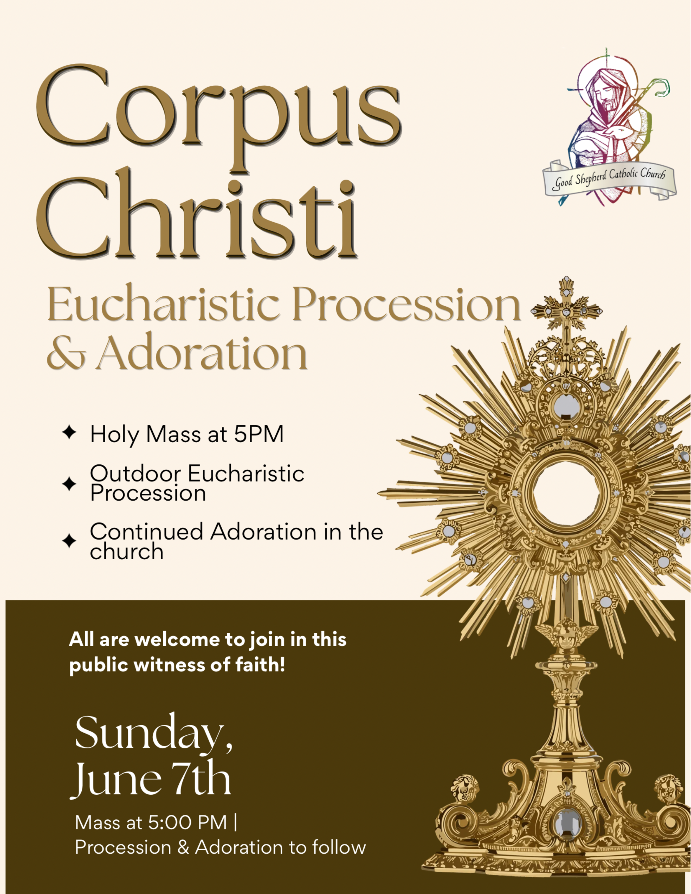 Beige And Brown Traditional Sacred Eucharistic Procession Catholic Event Flyer