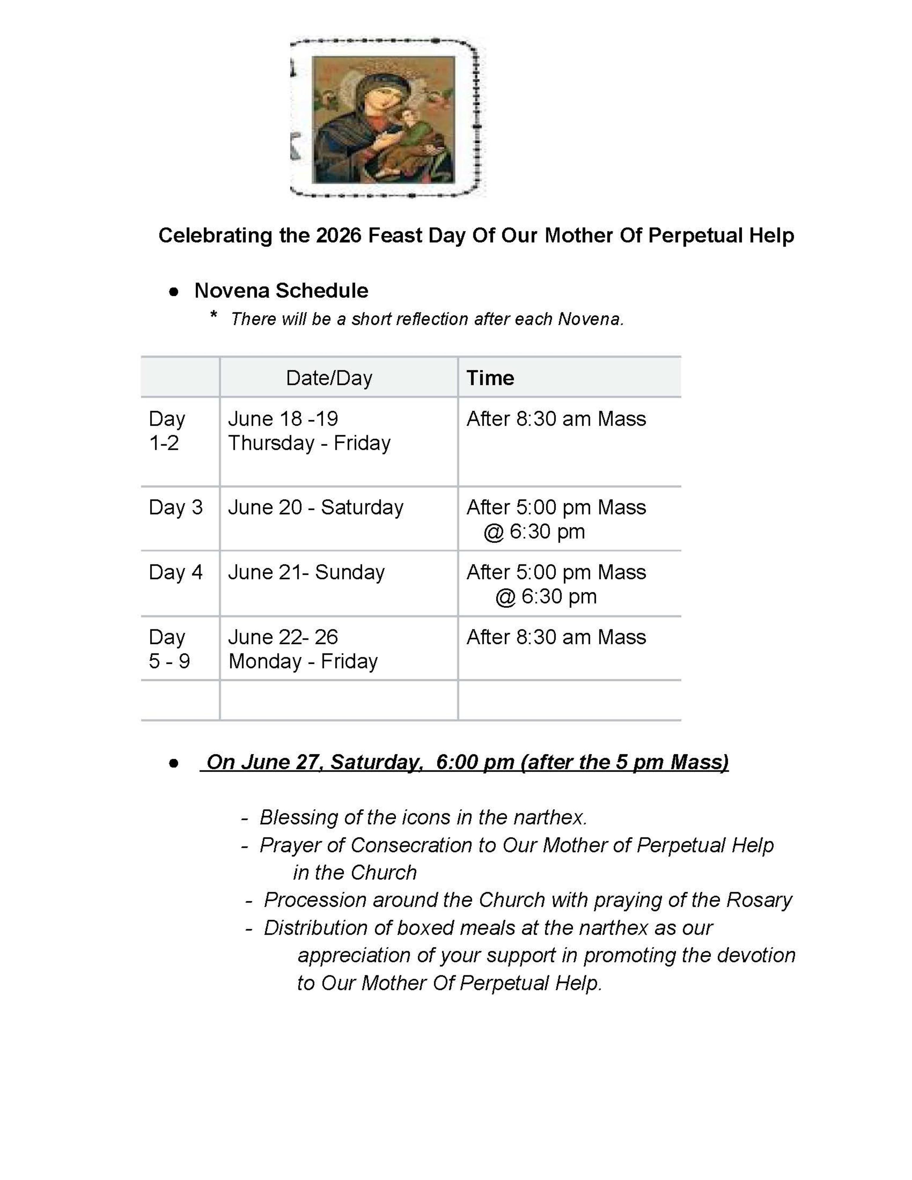 Our Mother Of Perpetual Help Novena 2026